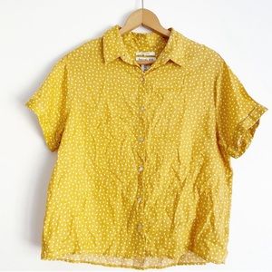 RACHEL ZOE Yellow White Polka Dot Short Sleeve Button Down Linen Top, Small